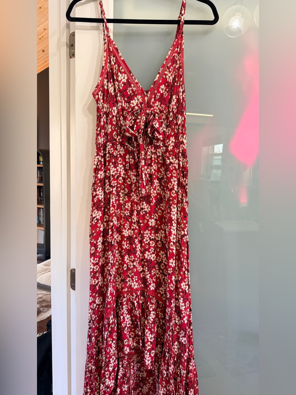Kivari Red Floral Tie-Front Cutout High-low Flowy Maxi Dress
